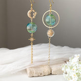 Green Glass Ball Planet Earrings Dangle, Gold Planet Asymmetry Earrings, Star and Moon dangle, Universe Saturn drop earrings